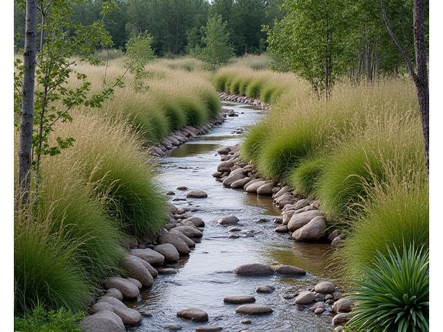 Naturalistic garden design along a creek bed with native grasses and stones